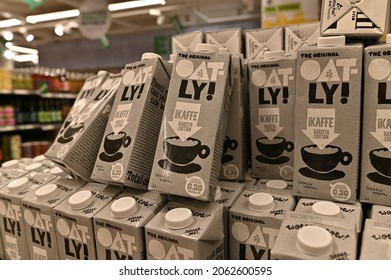 Stockholm, Sweden - October 23, 2021: Cartons Of Oat Based Milk Substitute From The Swedish Company Oatly On Display In A Grocery Store In Stockholm, Sweden.