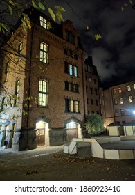 Stockholm, Sweden - October 29 2018: The View Of Monumental School Building Mariaskolan At Night On October 29 2018 In Stockholm Sweden.