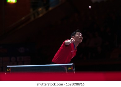 STOCKHOLM, SWEDEN - OCTOBER 5, 2019: Liang Jingkun (CHN) vs Xu Xin (CHN) at the table tennis tournament SOC at the arena Eriksdalshallen in Stockholm. Jinkun the winner. - Shutterstock ID 1523038916