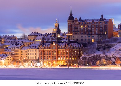 Stockholm Sweden on a winter morning with snow on the rooftops on sunsrise, Old Town veiw