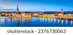Stockholm, Sweden. Panoramic view of the Gamla Stan. The capital of Sweden. Cityscape during the blue hour. View of the old town in Stockholm. Large resolution photo for background and wallpaper. 