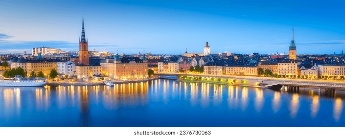 Stockholm, Sweden. Panoramic view of the Gamla Stan. The capital of Sweden. Cityscape during the blue hour. View of the old town in Stockholm. Large resolution photo for background and wallpaper. 