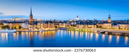 Stockholm, Sweden. Panoramic view of the Gamla Stan. The capital of Sweden. Cityscape during the blue hour. View of the old town in Stockholm. Large resolution photo for background and wallpaper. 