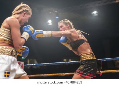 STOCKHOLM, SWEDEN - SEPT 10, 2016: WBC title match between Mikaela Lauren (SWE) vs Klara Svensson (SWE) in welterweight at The winner takes it all event in boxing. Winner Klara Svensson