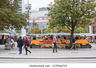 STOCKHOLM, SWEDEN - SEPTEMBER 11, 2018: Daily Market In Central Stockholm Hötorget On September 11, 2018 In Stockholm, Sweden.