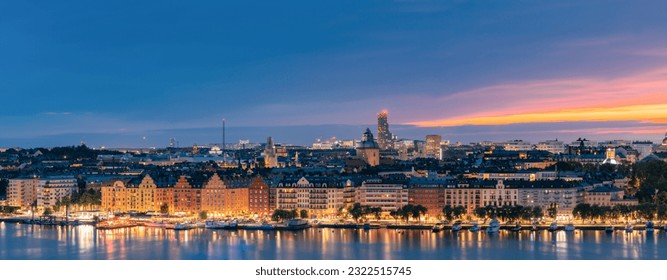 Stockholm, Sweden. Skyline View Of Residential Area Houses In Norr Malarstrand Street, Kungsholmen Island. Scenic View In Sunset Twilight Dusk Lights. Evening Lighting. - Powered by Shutterstock