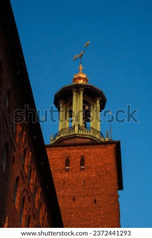 Stockholm, Sweden. The top of the town hall of Stockholm in the district of Kungsholmen. Clear blue constrasting sky. 