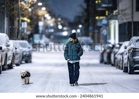 Image, Stock Photo Night walk in winter, across a railroad bridge