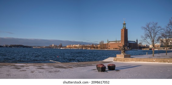 The Stockholm Town City Hall At The Bay Riddarfjärden A Sunny Winter Day Afternoon In Stockholm, Sweden, 2021-12-24