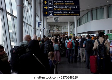 Stockholm-Arlanda, Sweden - June 13 2022: Crowd Of People And Long Queues In Terminal Of Stockholm Arlanda Airport (ARN) In Sweden Due To Shortage Of Security Staff.