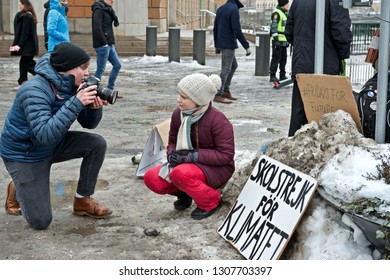 STOCKHOLM,SWEDEN - FEBRUARY 08, 2019: Greta Thunberg climate activist demonstrating on Fridays.