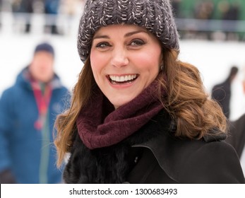 STOCKHOLM/SWEDEN – JANUARY 30 2018: Prince William And Kate (Catherine Duchess Of Cambridge) Visiting An Ice Rink In Stockholm To Learn About Bandy.