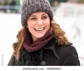 STOCKHOLM/SWEDEN – JANUARY 30 2018: Prince William And Kate (Catherine Duchess Of Cambridge) Visiting An Ice Rink In Stockholm To Learn About Bandy.