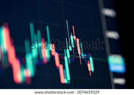 Stockmarket online trading chart candlestick on crypto currency platform. Stock exchange financial market price candles graph data pattern analysis concept. Computer screen closeup background