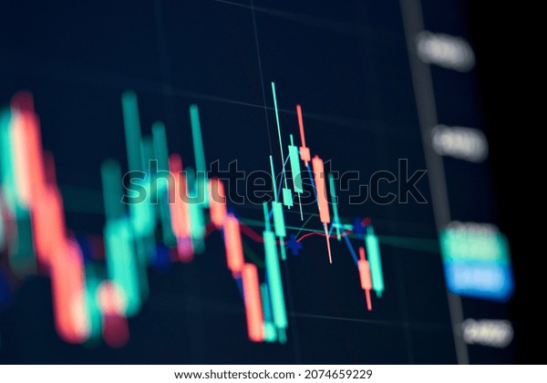 Stockmarket\
online trading chart candlestick on crypto currency platform. Stock\
exchange financial market price candles graph data pattern analysis\
concept. Computer screen closeup\
background