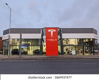 Stockport, Greater Manchester, UK. December 7, 2020. Tesla Car Showroom Heaton Chapel.