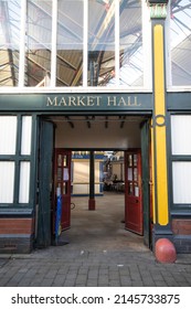 Stockport, Manchester, UK - April 10, 2022:  Entrance to the Victorian Market Hall, Stockport, Greater Manchester.