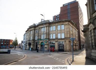 Stockport, Manchester, UK - April 10, 2022: Commercial building on St Petersgate, Stockport in the early morning
