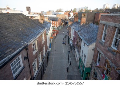 Stockport, Manchester, UK - April 10, 2022: View of Little Underbank from St Petersgate bridge, Stockport