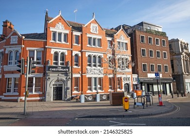 Stockport, Manchester, UK - April 10, 2022: The Chestergate public house in the early morning, Stockport