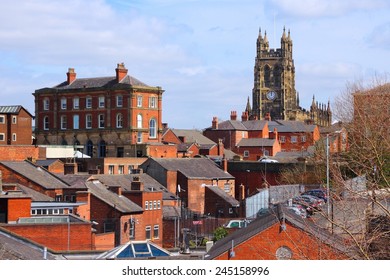 Stockport in North West England (UK). Part of Greater Manchester. Townscape with church.