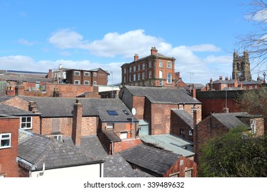 Stockport in North West England (UK). Part of Greater Manchester. Townscape with church.