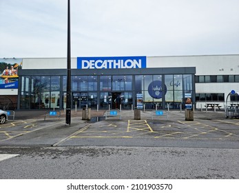 STOCKPORT, UK - JANUARY 01,2020: Decathlon Sports Retail Store Shopfront and Sign on a grey winter day, Stockport, England UK.