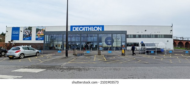 STOCKPORT, UK - JANUARY 01,2020: Decathlon Sports Retail Store Shopfront and Sign on a grey winter day, Stockport, England UK.