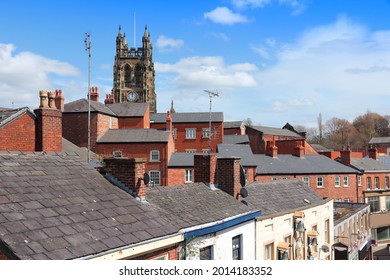 Stockport UK town skyline in North West England. Part of Greater Manchester. Townscape with church.