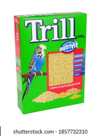 Stockport, United Kingdom, April, 18th, 2020, Box Of Trill Nutrivit Complete Budgerigar Bird Seed Grains With Added Vitamins