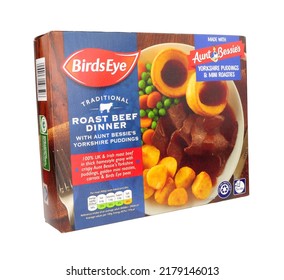 Stockport, United Kingdom, July 10th, 2022, Birds Eye Traditional Roast Beef Frozen Dinner With Aunt Bessies Yorkshire Puddings And Mini Roast Potatoes