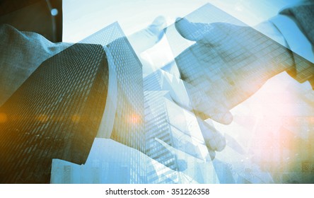 Stocks and shares against composite image of two people going to shake their hands