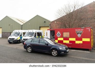 Stockton-onTees, UK. 24th March 2021. Cleveland Police  Welfare Unit And Police Vans Parked Up As A Search For Missing Man Andrew Stones Is Conducted Near Dunmail Road, Stockton. 