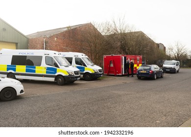 Stockton-onTees, UK. 24th March 2021. Cleveland Police Officers Talk Outside Of A Welfare Unit As A Search For Missing Man Andrew Stones Is Conducted Near Dunmail Road, Stockton. 