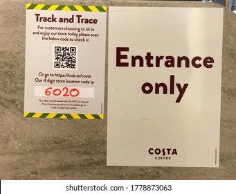 Stockton-on-Tees/UK, July 18, 2020.  Customer Notice At The Entrance Of A Coffee Shop Explaining How They Can Use The Track And Trace To Ensure They Are Informed Of Coronavirus Infection