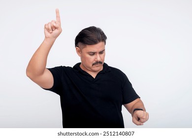 A stocky middle-aged man of mixed race interacting with a virtual screen or menu using his hands. For further editing purpose. Set against a white background.