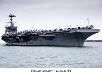 Stokes Bay, Hampshire, UK October 8 2018 USS Harry S Truman At Anchor