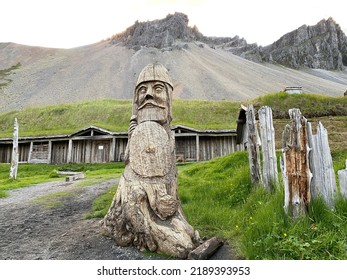 Stokksnes Viking village wood house old sunset prop for movie trekking country adventure travel iceland