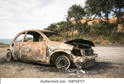 Stolen, Abandoned, And Burned Out Car, Gisborne, East Coast, North Island, New Zealand 