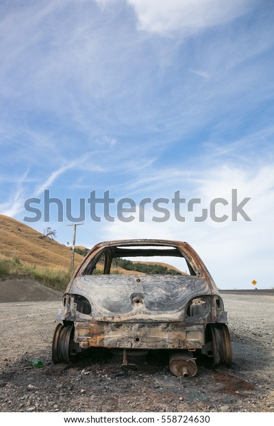 Stolen, abandoned, and burned out car,\
Gisborne, East Coast, North Island, New Zealand\
