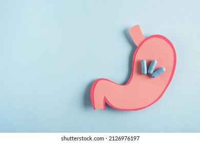 Stomach decorative model with pills on light blue background. Digestion concept, heartburn, treatment and pain relief. Top view, flat lay, copy space - Shutterstock ID 2126976197