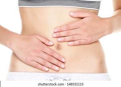 Stomach Pain Or Menstrual Pain. Woman With Pains In Abdomen. Female Belly And Hands Close Up.