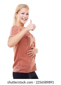 Stomach, thumbs up and woman in studio for weight loss, digestion health and wellness in portrait. Yes, ok and success hand sign of woman with gut health, diet and happy with results in mockup - Shutterstock ID 2256589891