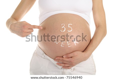 stomachs of pregnant women with the inscription '35 week ' isolated on white Stock photo © 