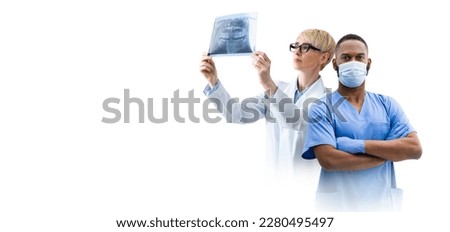 Stomatological Services. Multiethnic Dentist Doctors In Uniform Standing Isolated Over White Background, Composite Image With Male And Female Medical Workers, Collage, Panorama With Copy Space