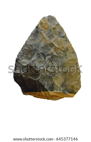 Stone age flint hand axe with two cutting edges and a sharp point. Dating from about 40,000 years ago. Isolated against a white background