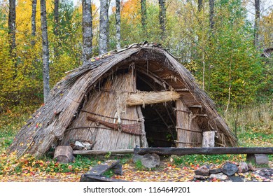 Stone Age hut of reeds in the woods