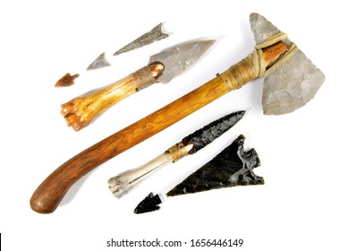 Stone Age Tools on white Background - Stone Age Axe, Knives and Arrows
