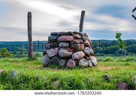 stone altar in nature on bright sunny day.