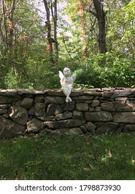 Stone Angel On Stone Wall With Garden Background